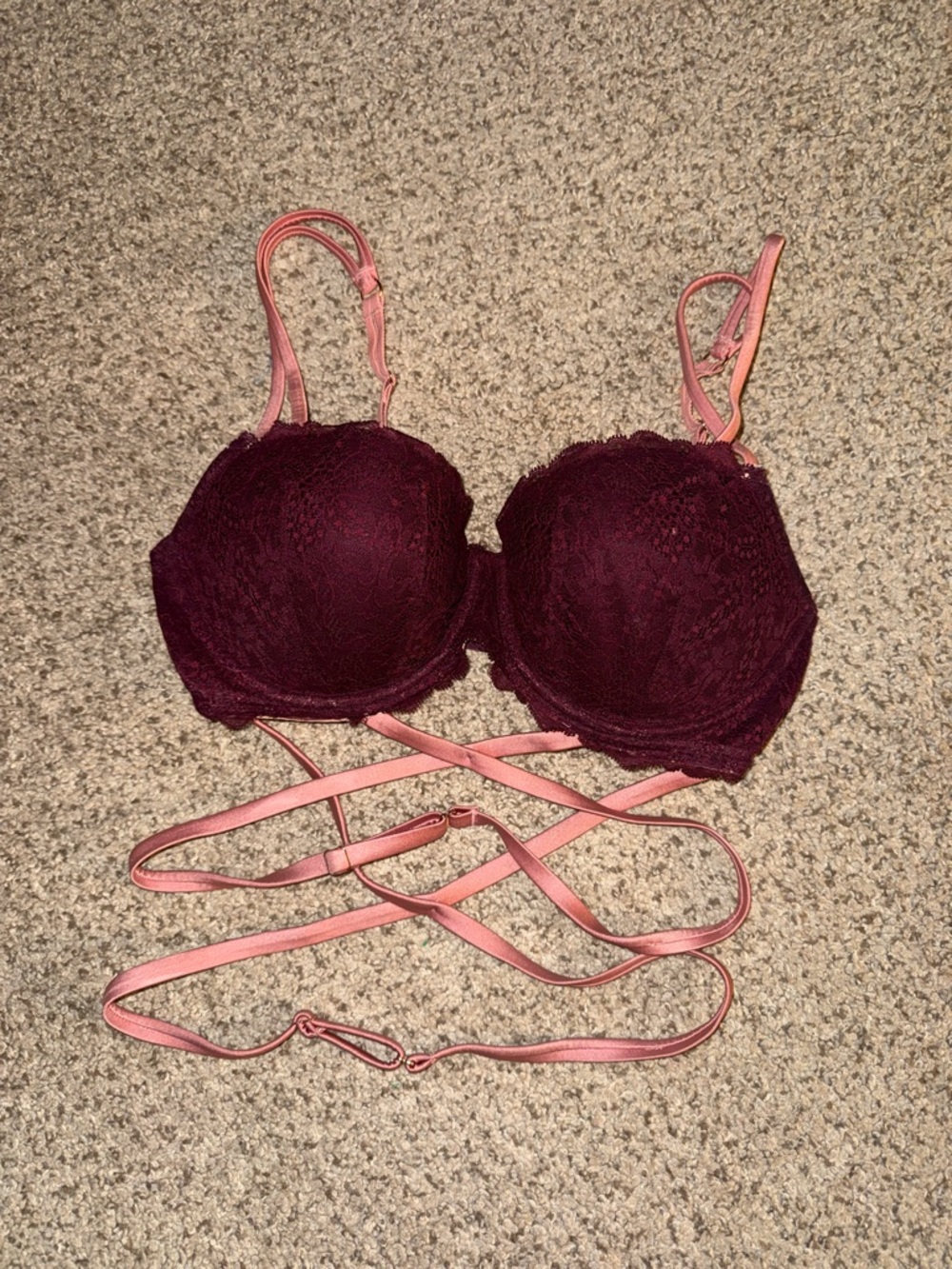 PINK Victoria's Secret Burgundy Lace Bra with Pink Strappy Details